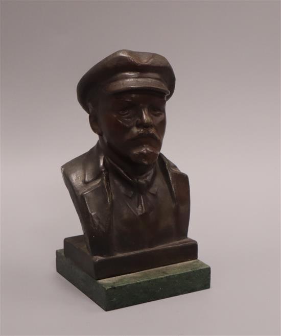 A Russian spelter bust of Lenin, signed C K.P. Nocrao height 21cm